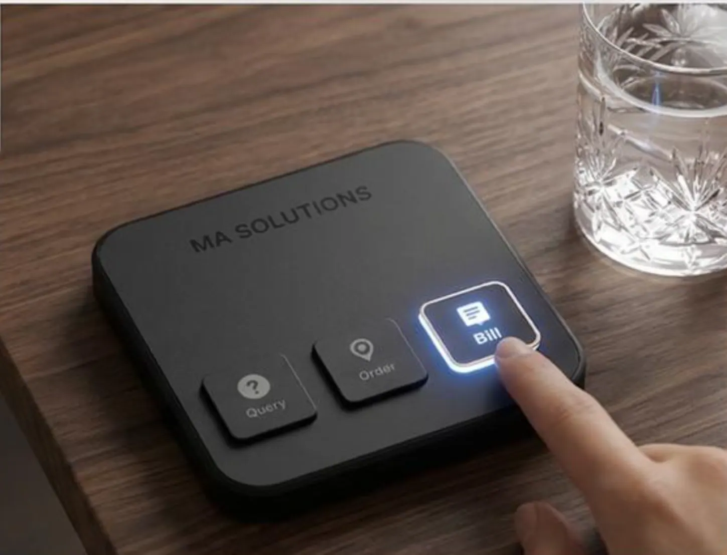 Gästerufsystem Smart Order Button – Premium Gastro-Ruftechnik Produktfoto auf Holzoberfläche